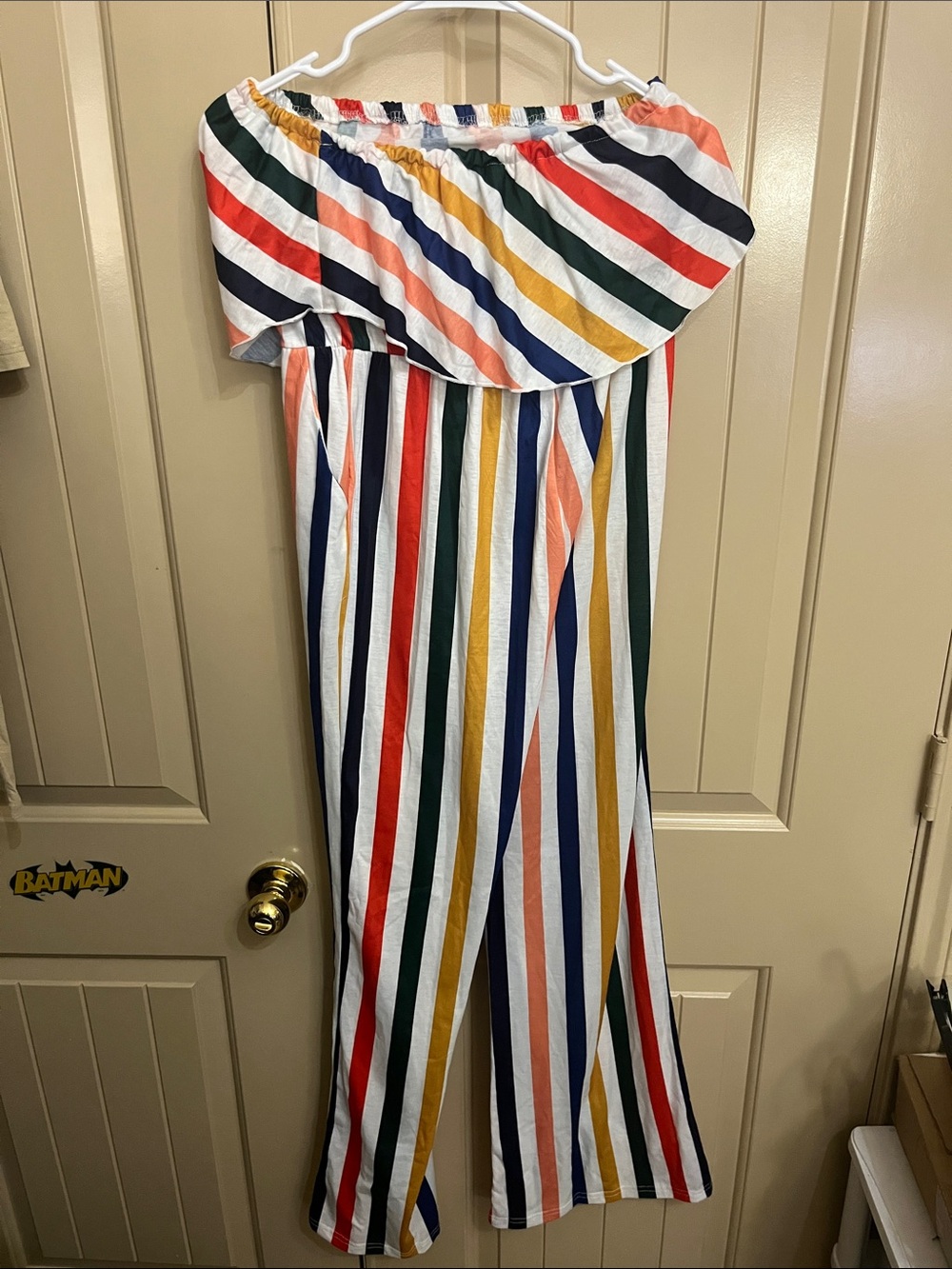 Off-Shoulder Multi-Stripe Jumpsuit - White/Multi